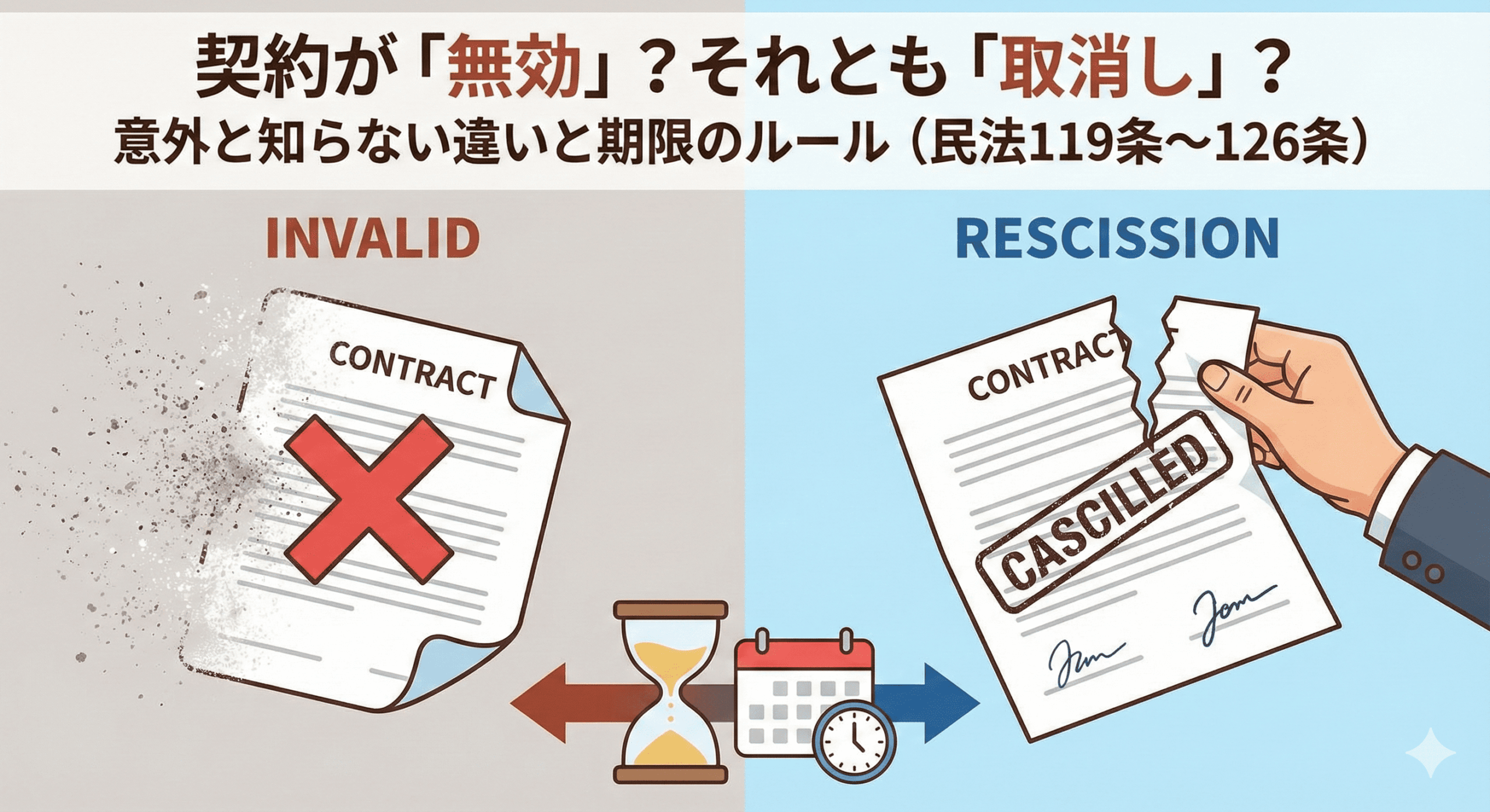 契約が「無効」と「取消し」のどちらに当たるのか、その違いと期限のルールを解説するアイキャッチ画像。画像上部に記事タイトルが表示され、その下にイラストが左右に分かれて配置されている。左側は「INVALID」と書かれ、契約書が塵になって崩れており、その上に赤い「X」マークがある。右側は「RESCISSION」と書かれ、契約書に「CASCILLED」のスタンプが押され、手で破られている。中央下部には砂時計とカレンダー・時計が描かれ、時間制限や期限を表している。