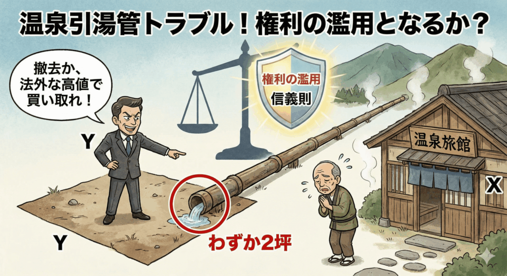 温泉引湯管トラブル！権利の濫用となるか？」というタイトルのイラスト。左側にスーツ姿の男（Y）が立ち、自分の土地（わずか2坪）を通る木製の引湯管を指差して、「撤去か、法外な高値で買い取れ！」と怒鳴っている。右側では、温泉旅館（X）の主人が困り果てて頭を下げている。中央には天秤と、「権利の濫用」「信義則」と書かれた盾のイラストがあり、Yの要求が法的に許されるかが争点であることを示唆している。背景は温泉地の風景。