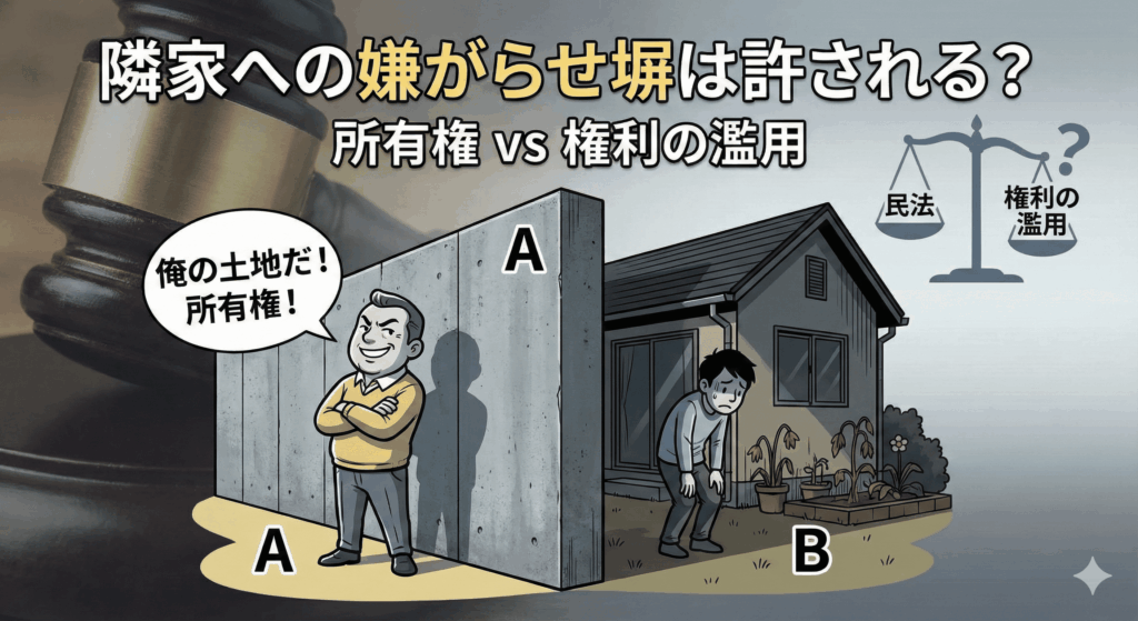 隣家の日当たりを遮る高い塀を建てたAさんと、それに困惑するBさんのイラスト。「俺の土地だ！所有権！」と主張するAさんに対し、Bさんは暗い家でうなだれている。背景には「隣家への嫌がらせ塀は許される？ 所有権 vs 権利の濫用」というタイトルと、民法と権利の濫用を秤にかける天秤のイラストが描かれており、所有権の行使が権利の濫用に当たるかどうかの法的問題を提起している。